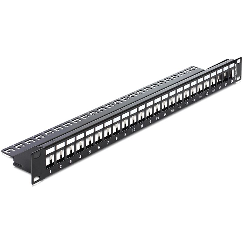 DeLOCK Modulträger für 24 Keystone-Anschlussbuchsen, 19", mit Zugentlastungsschiene, schwarz