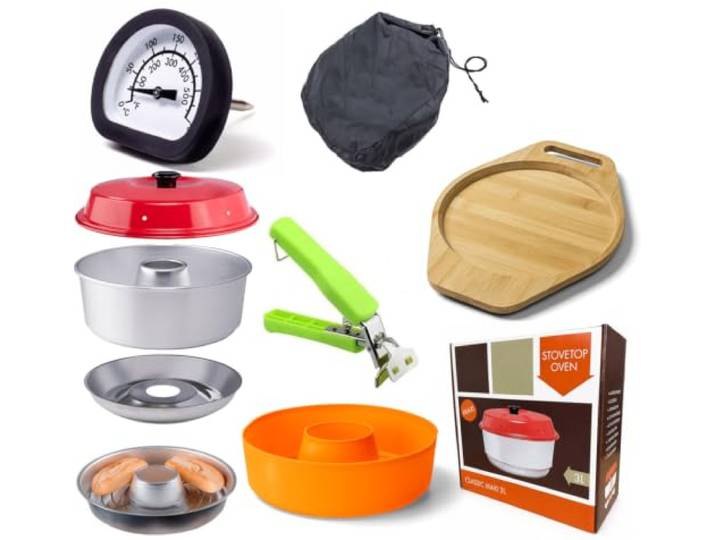 Maxi Spar-Set Camping Backofen 9-teilig - Camping Backofen (3 Liter) + 3-Liter Silikonform + Aufbackgitter + Backofenthermometer + Untersetzer + Tasche + Sun and Ice Haltegriff passend für Omnia
