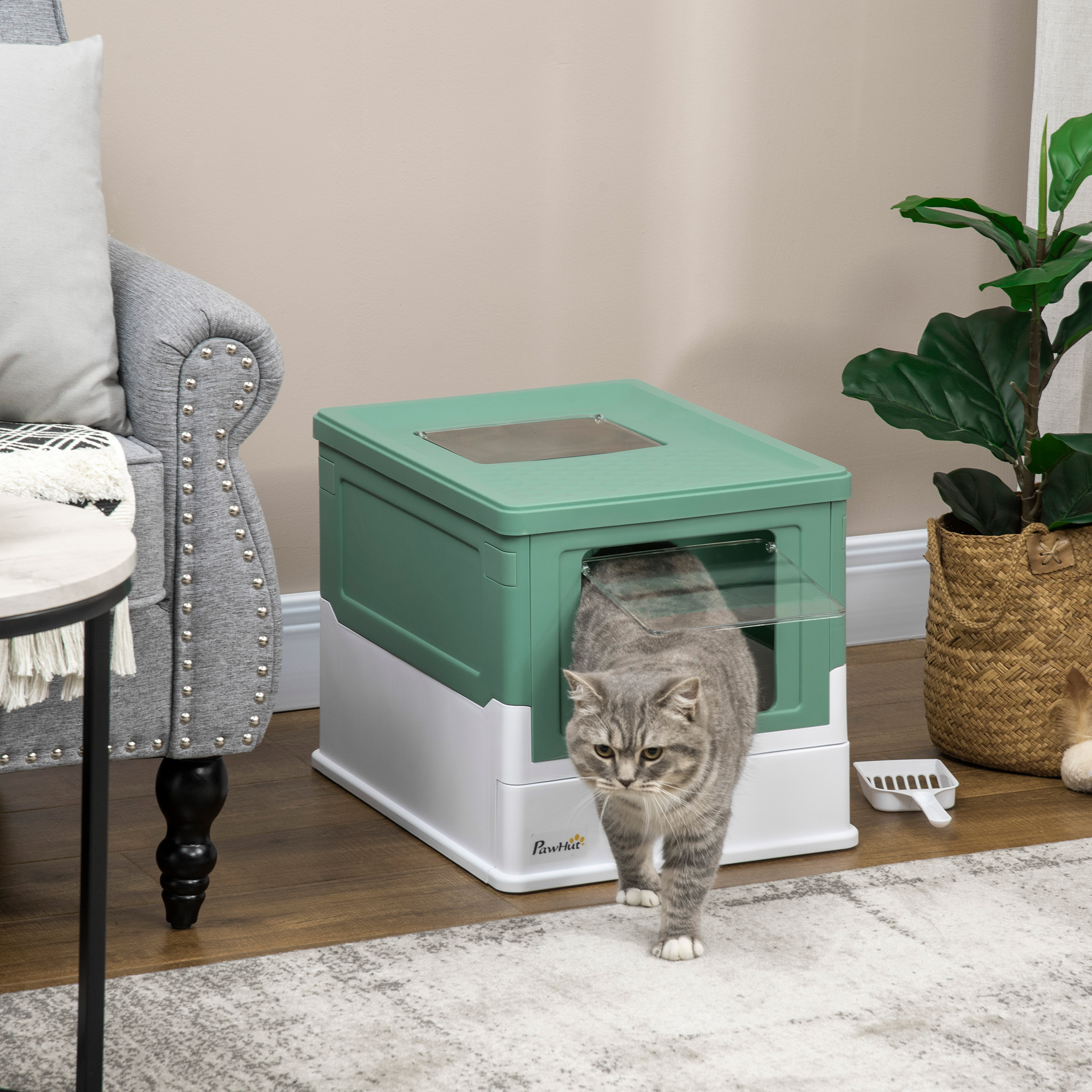 Pawhut Lettiera per Gatti Chiusa con Paletta, Vassoio Estraibile e 2 Porte, 47.5x35.5x36.7cm, Verde Aosom