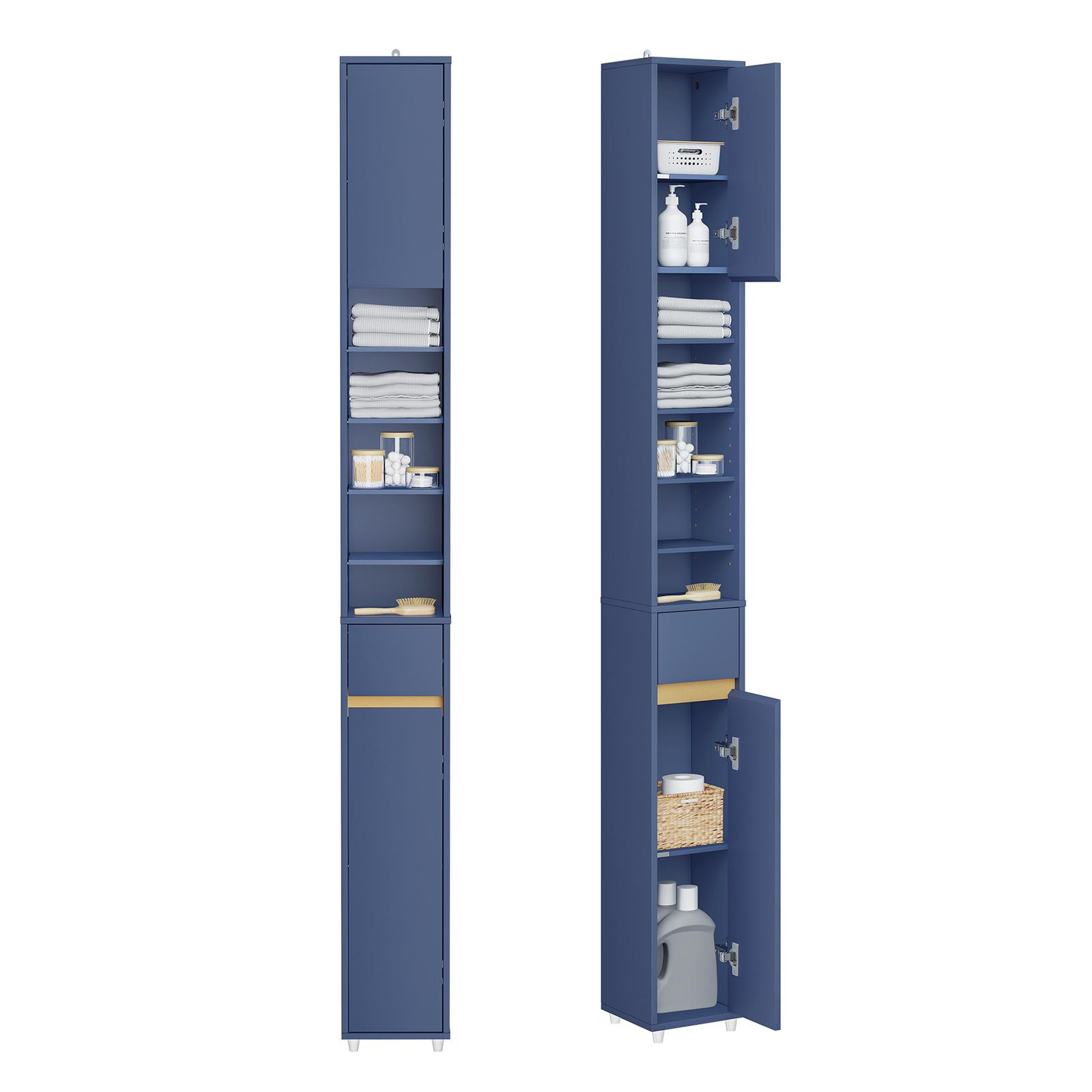 SoBuy Badkamerkast met verstelbare legplanken, smalle ruimtebesparende kast met deuren en open schappen, blauw, model BZR34-II-B
