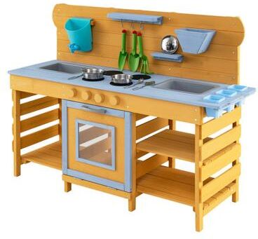 Costway Kids Wooden Mud Kitchen with 2 Sinks and 4 Stoves-Natural