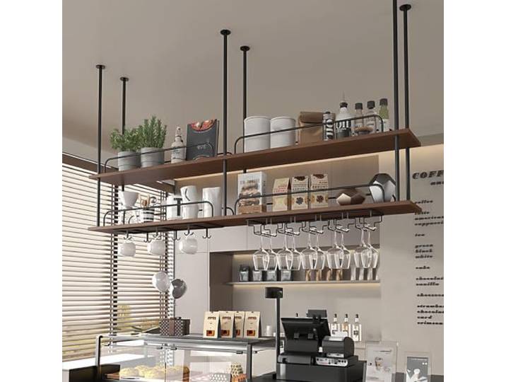 Gaommini Deckenhängendes Weinregal, 2-lagige schwebende Metallregale Wandmontierter Weinglasständer, Stielglashalter, industrieller Blumenständer, Ausstellungsregal(2-TIER-140x30x80cm)