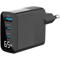 Eaxus USB Ladegerät mit Ladekabel, 3 Ports, 2x Typ-C & 1x Typ-A, 65 Watt, schwarz (65 W), USB Ladegerät, Schwarz