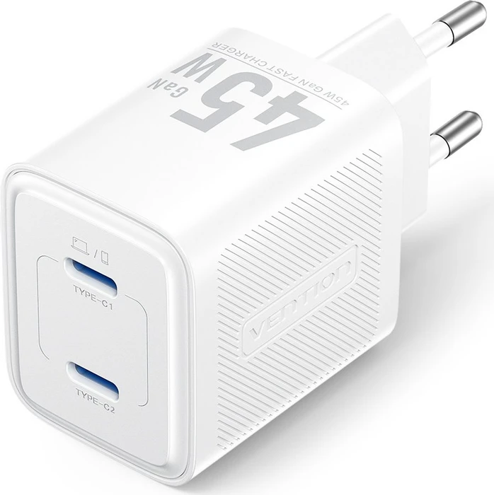Vention 2-Port USB (C + C) GaN Charger (45W/45W) EU-Plug White