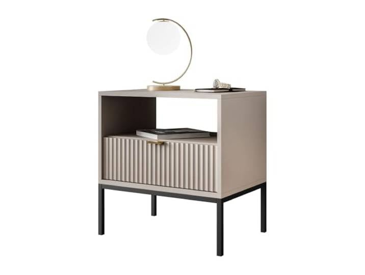Lookway Nachttisch Cortado S54 – eleganter Nachttisch mit geriffelten Fronten, schwarzes Metallgestell, 54×56×39 cm (Kaschmir)