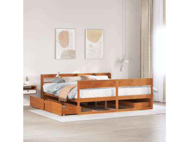 RJPLMFV Bettgestell, massives Kiefernholz, Braun, 200 x 200 cm, mit Schubladen