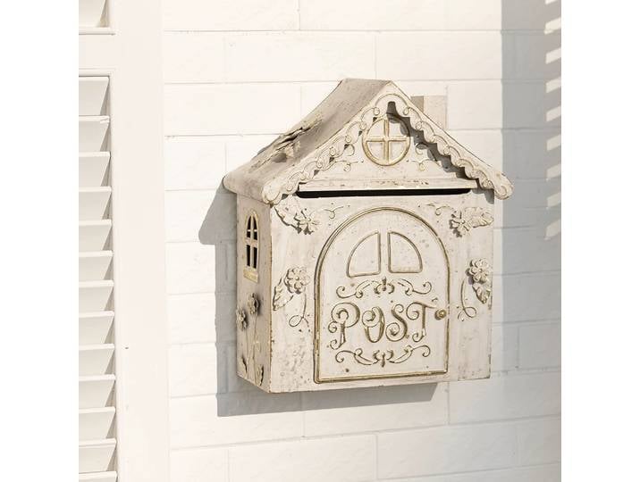 Boîte aux lettres murale vintage en forme de maison, boîte aux lettres en métal vieilli avec détails floraux décoratifs, 13x14,8x5,9 pouces