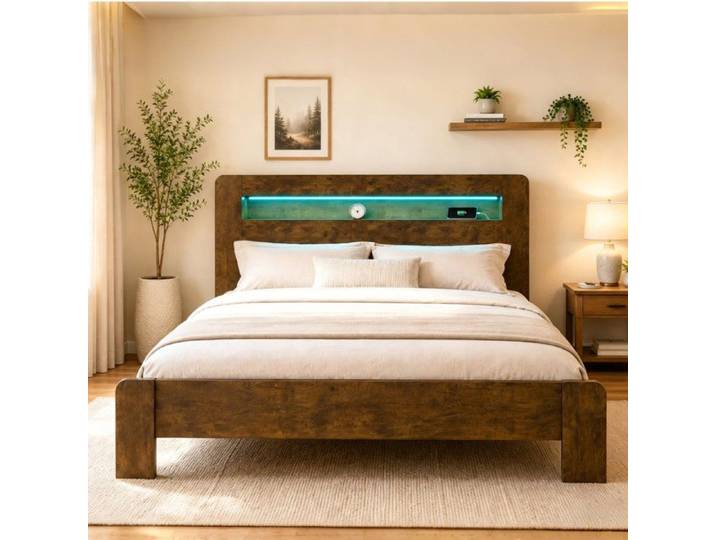 Lit plateforme - LEMONBEST - 180 x 200 cm - Bois vieilli - Tête de lit avec rangement - LED et prises intégrées