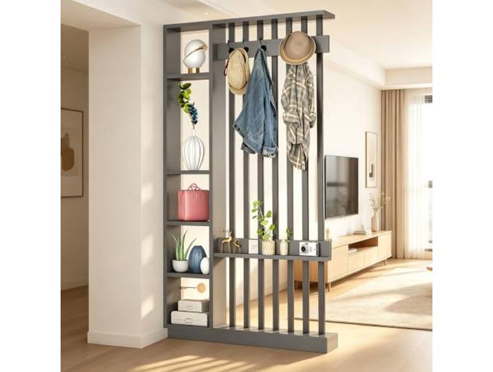 Raumteiler mit Regalen, Trennwand für den Eingangsbereich, Säule vom Boden bis zur Decke – freistehender Raumteiler mit Ablagefach, freistehende Dekoration für Schlafzimmer (B Black + Gray, 100cm)