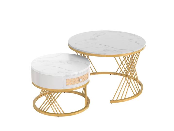 Ensemble de 2 tables basses gigognes rondes effet marbre blanc