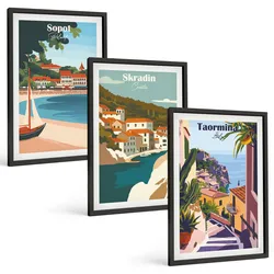 BILDER SET 3er Set - 40x60 cm Schwarzer Rahmen - Illustrationen von Küstenstädten