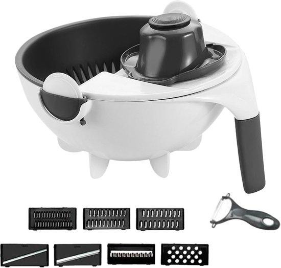 Multifunctionele vegetarische snijmachine met meerdere messen en opvangbak in het wit