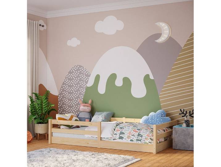 Bellabino Kinderbett Iskri mit Rausfallschutz und Lattenrost (natur, optional mit Matratze), Bodenbett verfügbar in 90/120/140x200