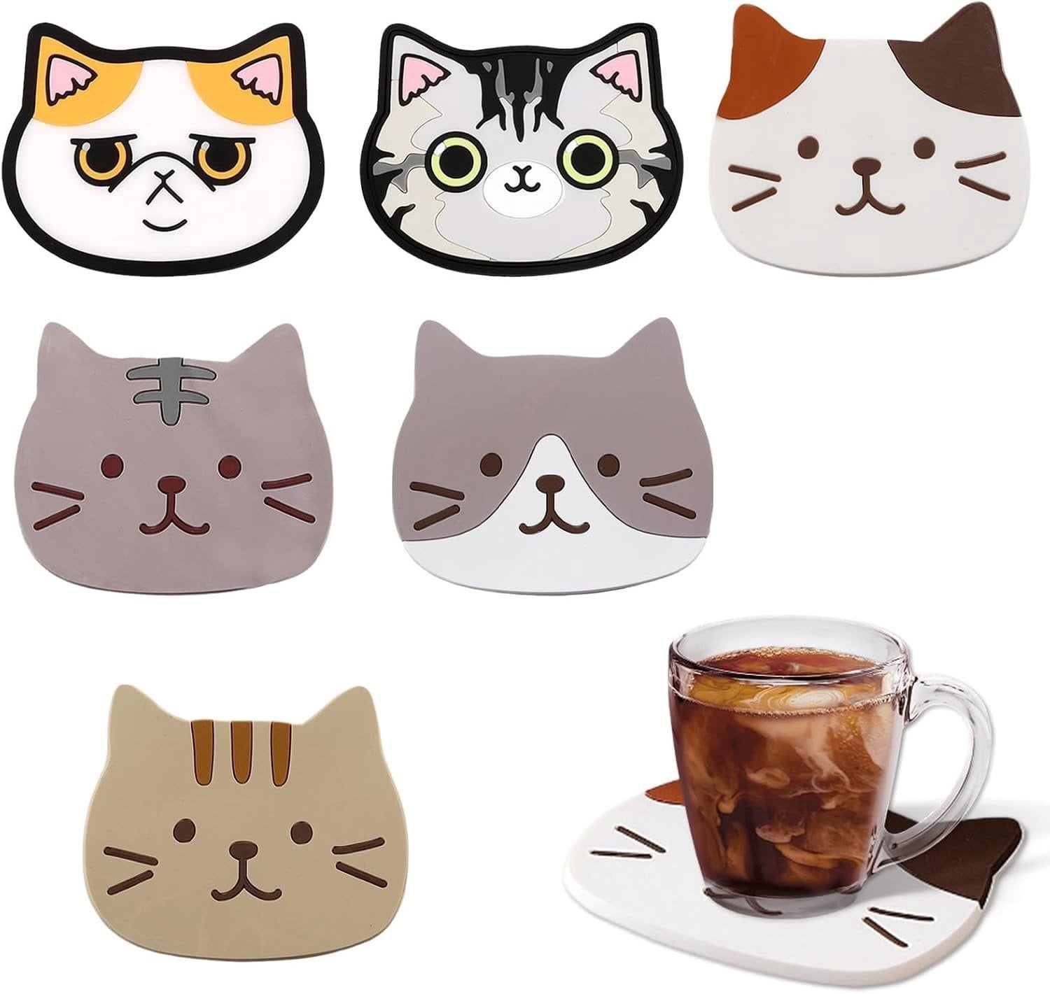 Set van 6 hittebestendige en antislip silicone kattenonderzetters