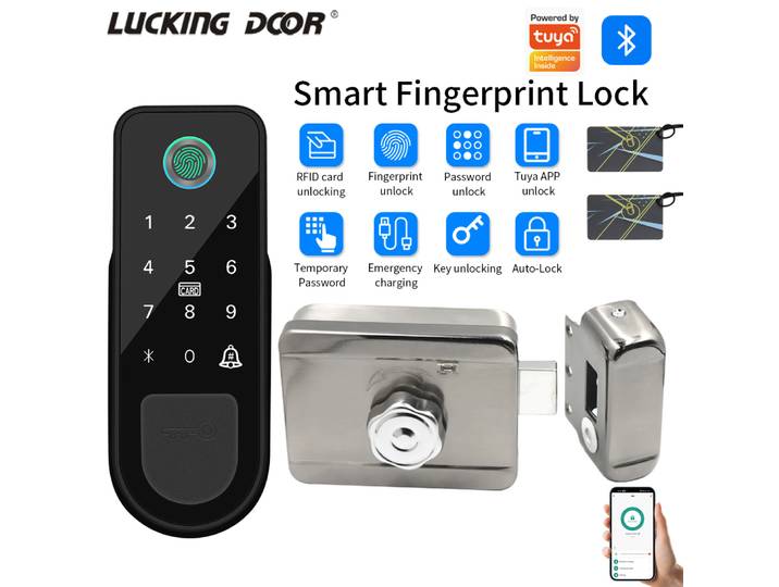 Serrure de porte connectée à empreinte digitale compatible Tuya App, Bluetooth, entrée sans clé, déverrouillage par empreinte digitale, application Tuya, clé, carte IC et passerelle