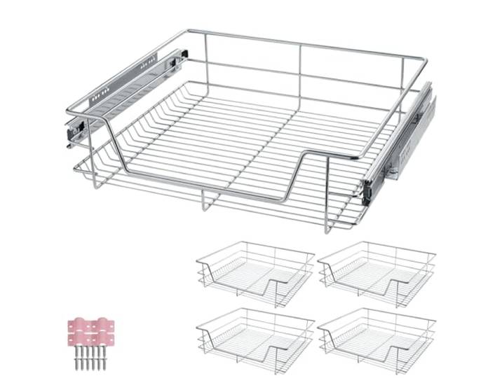 tectake® Teleskopschublade, ausziehbare Schublade, Teleskopregal nachrüsten, Schublade Unterschrank Küche, Regal Küche, Schubladen Organizer Büro, bis 25 kg - passend für 60 cm, 4er Set