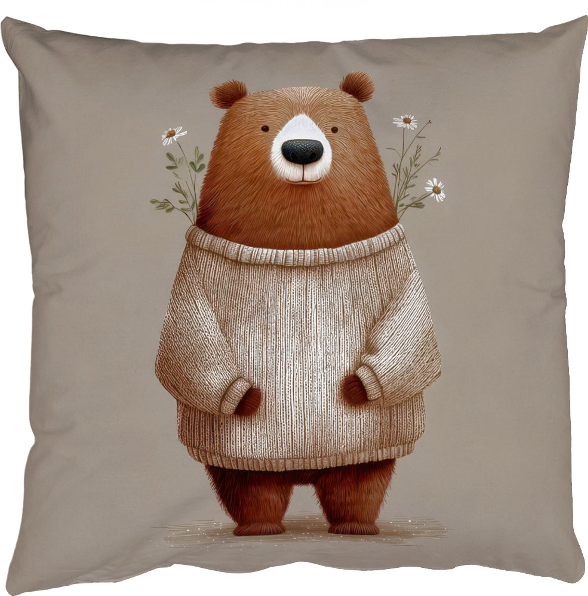PillowMonkey Sierkussen Beer met Witte Bloemen - 40 x 40 cm
