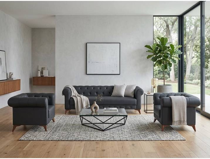 Xlmoebel Polstergarnitur Sofa Sessel Chesterfield klassisch Leder silbergrau elegant, (3-tlg., 3-2-1)