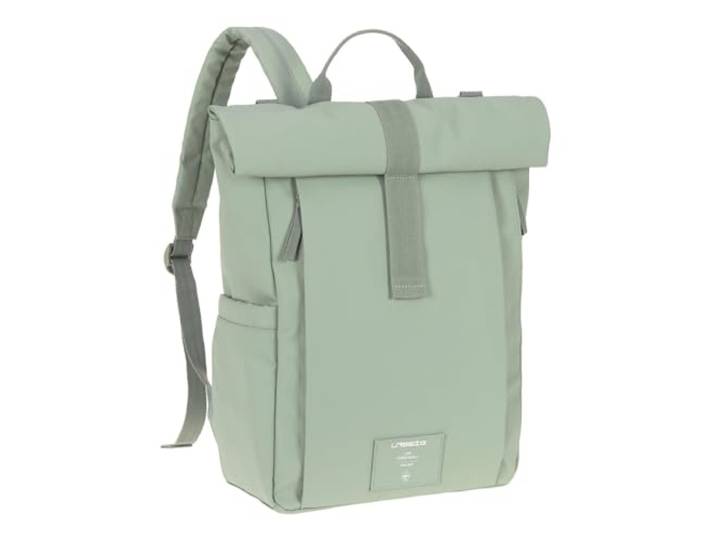 LÄSSIG Baby Wickelrucksack Wickeltasche Rucksack mit Wickelunterlage, Kinderwagenbefestigung, Flaschenhalter Rolltop Up Backpack silver green