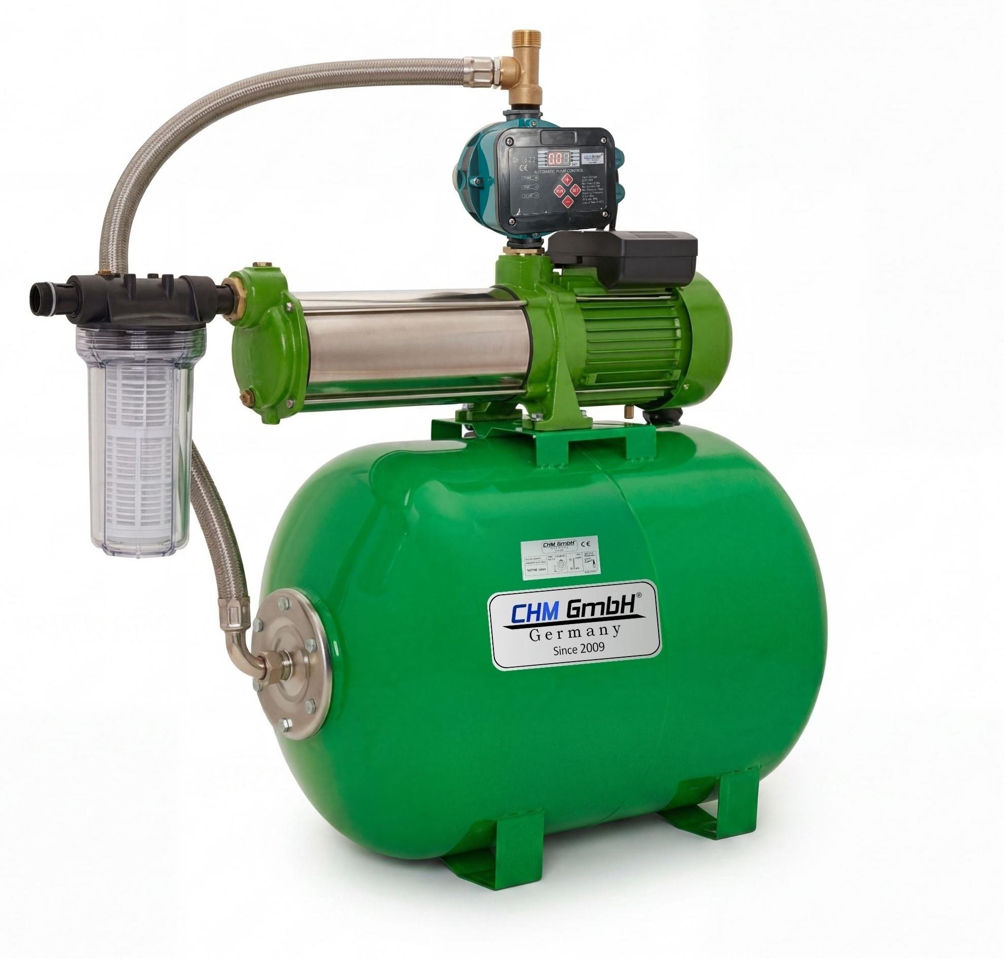 CHM GmbH Hauswasserwerk 100 Liter 11 Bar Druck 8600 L/h mit einstellb. Druckschalter mit LCD Display und Trockenlaufschutz