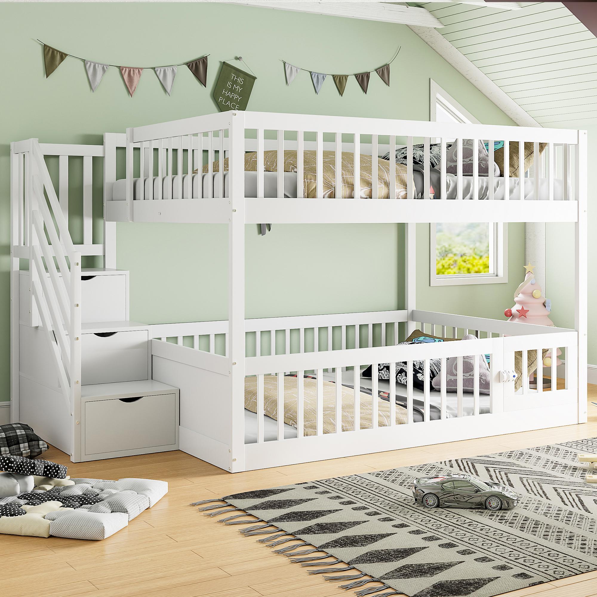 Sweiko Etagenbett 140 x200 Kinderbett mit Sicherheitstreppe und Schubladen, weißes Holzeinzelbett mit Stauraumbett für Kinder, Jugendliche