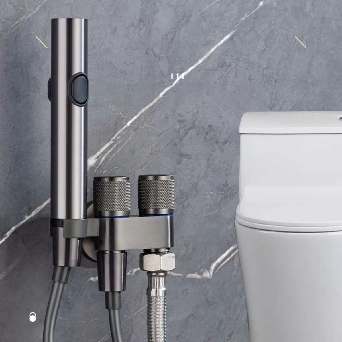 INF Edelstahl Mini Toilet Companion – Winkelventil mit Doppelanschluss Hand-Bidet-Sprüher kompatibel mit Keramikventilkern Grau
