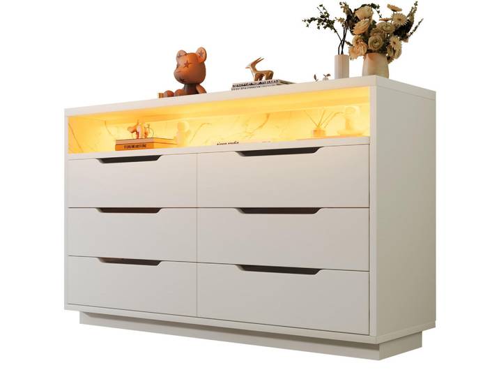 Evryae Sideboard LED Sideboard mit Marmoroptik, mehrfarbiger LED-Beleuchtung, 6 Schubladen & offenem Fach, Weiß Spanplatte, Metall, Rechteckig,Rechteckig, 120x85x40 cm, Kleinmöbel, Kommoden, Sideboards