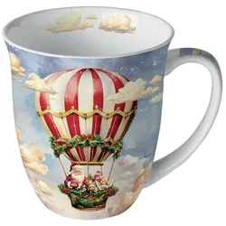Ambiente Tasse 10cm Porzellan 0,4L mit Weihnachtsmann im Heißluftballon Motiv - Keramiktasse Porzellangeschirr Kaffeetasse Teetasse Kakaotasse Weihnachtstasse
