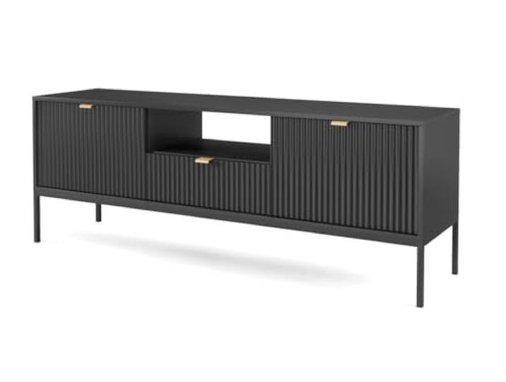 Emporius TV-Schrank 150 cm Galla - Zweitürige TV-Tisch, TV-Lowboard mit Schubladen - Gold Griffen, geriffelten Fronten - Schwarz