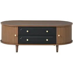 COUCHTISCH Walnuss Retro mit 2 Schubladen & Rolltür