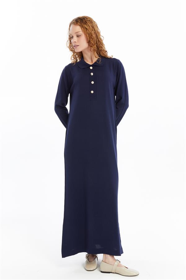 Dames Overhemd Kraag Detailed Half stolp Thin Seasonal Cold Yarn Gebreide kleding Jurk Marineblauw