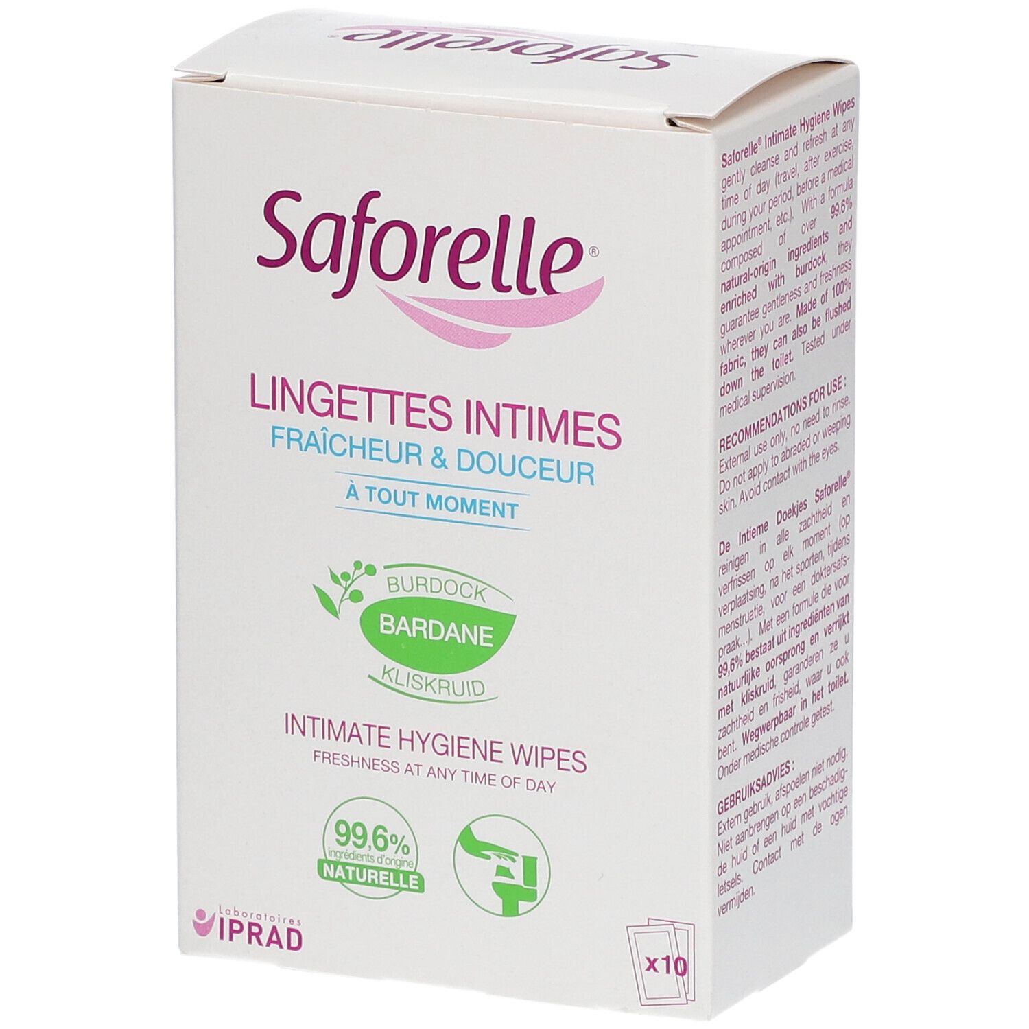 Saforelle Lingettes Intimes Fraîcheur & Douceur - Lingette imprégnée pour usage intime. 10 St Tücher