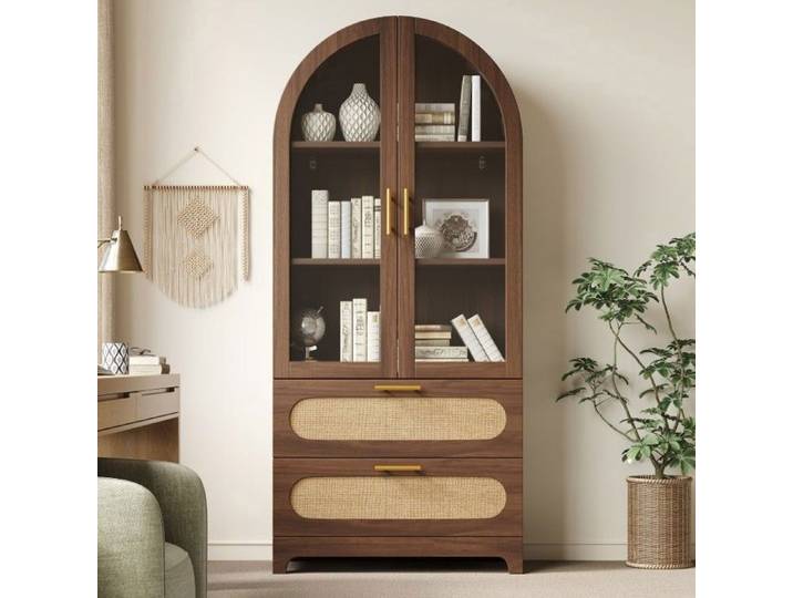 Vitrine arche style rétro noyer 175×80×40cm 2 tiroirs étagères ajustables