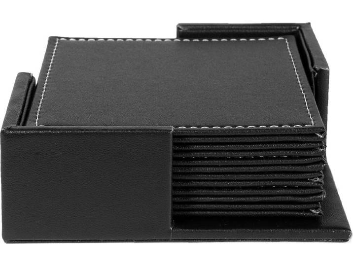 QUVIO Leren onderzetters vierkant set van 6 / Leren onderzetter / Luxe vierkante onderzetters met houder - Zwart