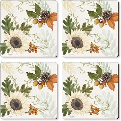 CounterArt Farmhouse Fall Decorative Hardboard Cork Backed Coasters 4 Pack Layered Construction Heat Tolerant Easily Wipes Clean