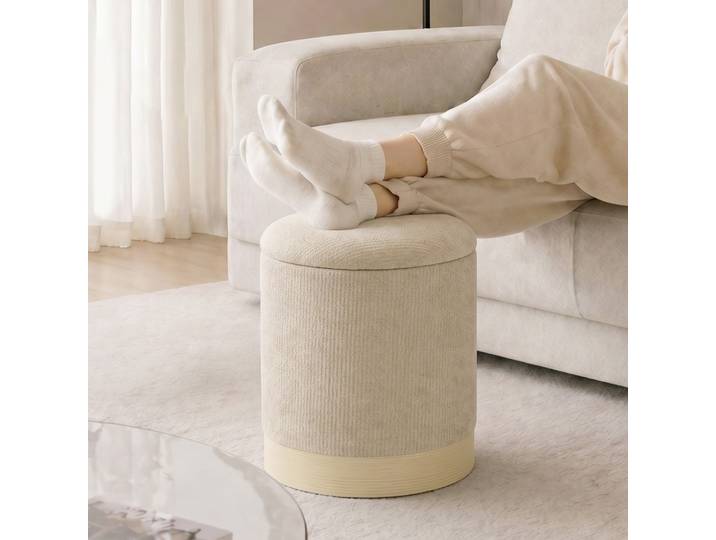 HOMCOM Pouf Coffre Rangement Rond Chenille Beige Métal Bois