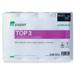 Cleanclub Küchenrolle Top3 hochweiß 3-lagig - 64 Blatt pro Rolle - 32 Rollen