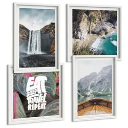 BILDER SET 4er Set - 50x50 cm & 40x60 cm Weißer Rahmen - Wasserfall Bergreise Natur