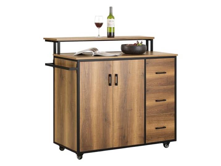 SoBuy Îlot Central\, Plan de Travail & 4 Roues (2 freinées)\, 113x106x69cm Placard de Cuisine\, 2 portes\, 3 tiroirs\, étagère réglable & niveau haut\, charge 75 kg\, PB/métal\, cuisine & bureau\, KNL02-PF