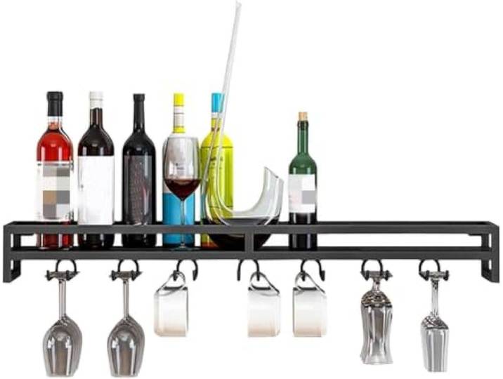 LigedamaiEU Wandmontiertes Weinregal mit Flaschenablage und Stielglasaufhänger, multifunktionaler Weinflaschen- und Getränkehalter-Organizer(Black,80x20x8.5cm)
