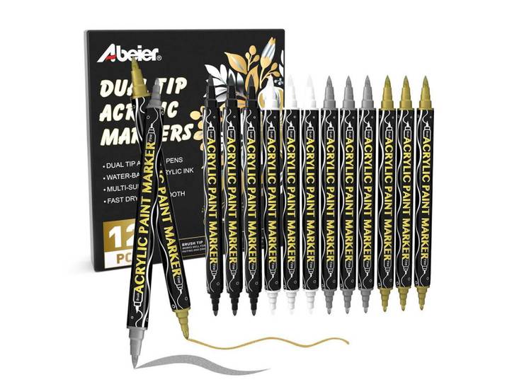 Acrylstifte 12er Set Doppelspitze Metallic Gold Silber Weiß Schwarz, Mehrfarbig, Kunststoff, 17x1.3x14.7 cm, Dekoration, Malbedarf & Bastelbedarf