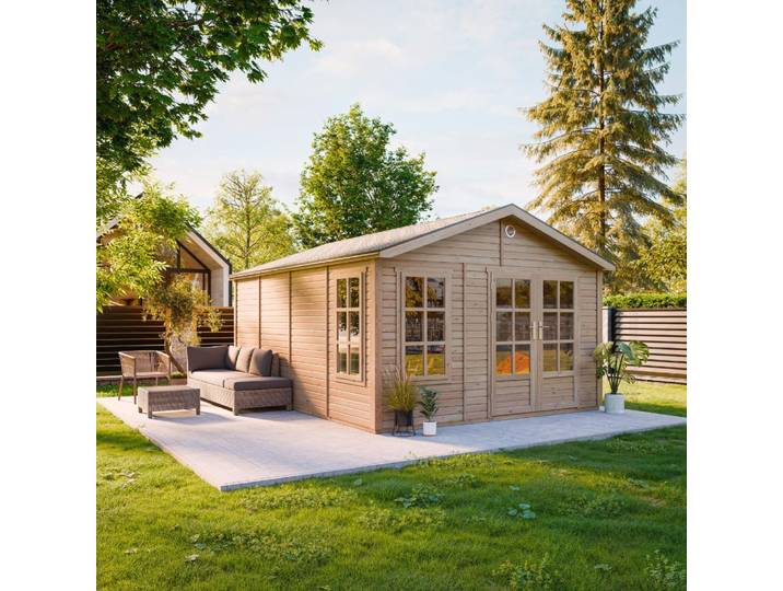TIMBELA M736A Gartenhaus Holz 370 x 480 cm, Gerätehaus aus Holz mit 3 Fenstern aus gehärtetem Glas, Doppeltüren, Gartenhütte mit Bitumenschindeln, Holz Geräteschuppen ohne Boden