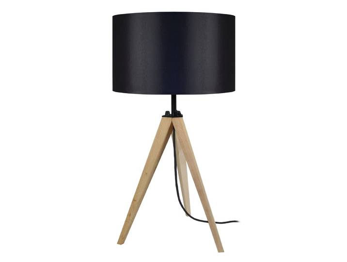 Lampe de table trépied bois naturel abat-jour tissu noir