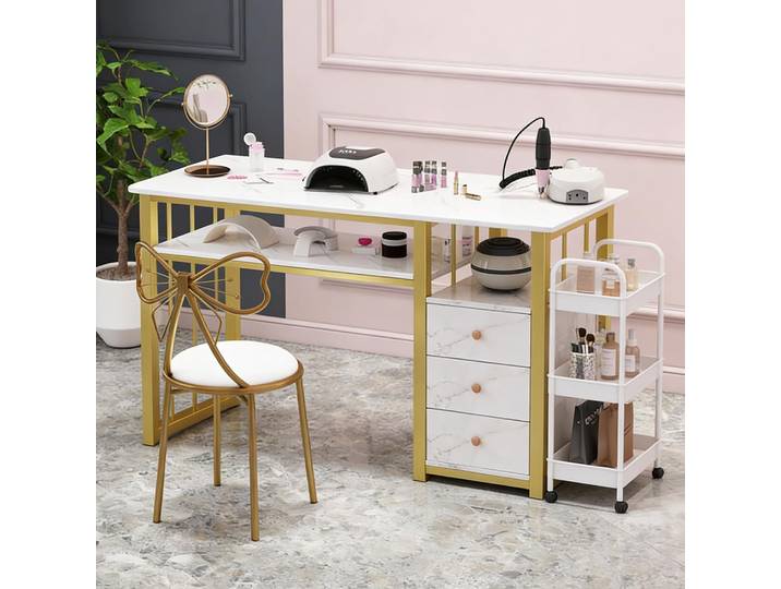 Table de manucure à 3 tiroirs avec texture marbrée, bureau de manucure avec pieds noirs pour salons de beauté et salons de manucure commerciaux (blanc doré)
