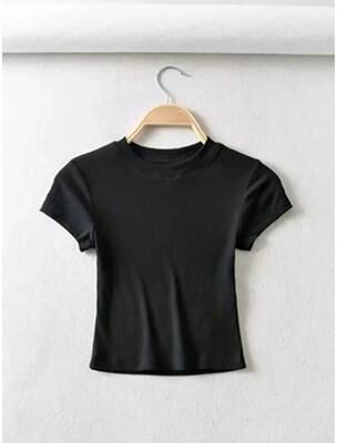 Uplifted Finds Womens Slim O Neck Short Sleeve Stretch Crop Top l black