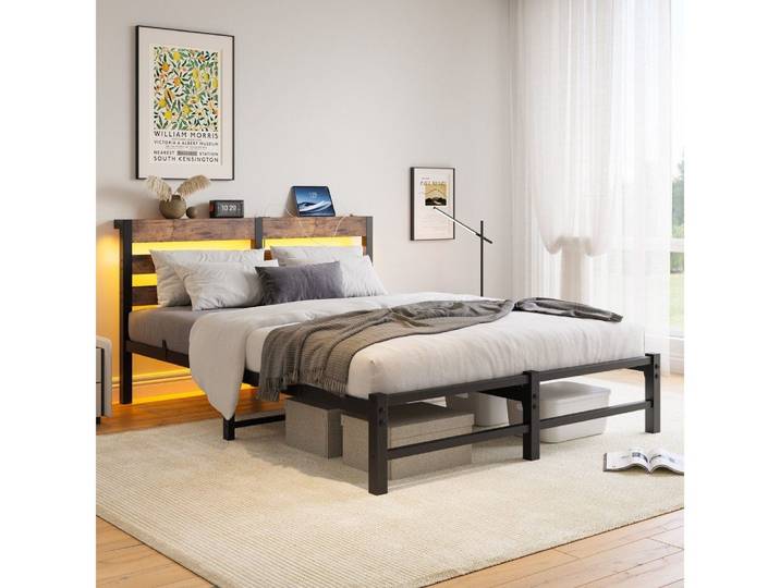 BBWL Metallbett LED Bettgestell mit USB Ladestation, Stauraum unter Bett, Metallbett stabiles Stahlbett ohne Boxspring, modernes Design
