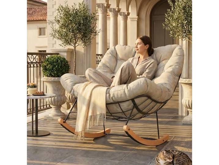 FLEXISPOT Schaukelstuhl Garten, Schwingsessel mit Kopfkissen, wasserfester Bezug, gepolsterter Relaxstuhl bis 159 kg, für Wohnzimmer, Schlafzimmer, Balkon, Beige