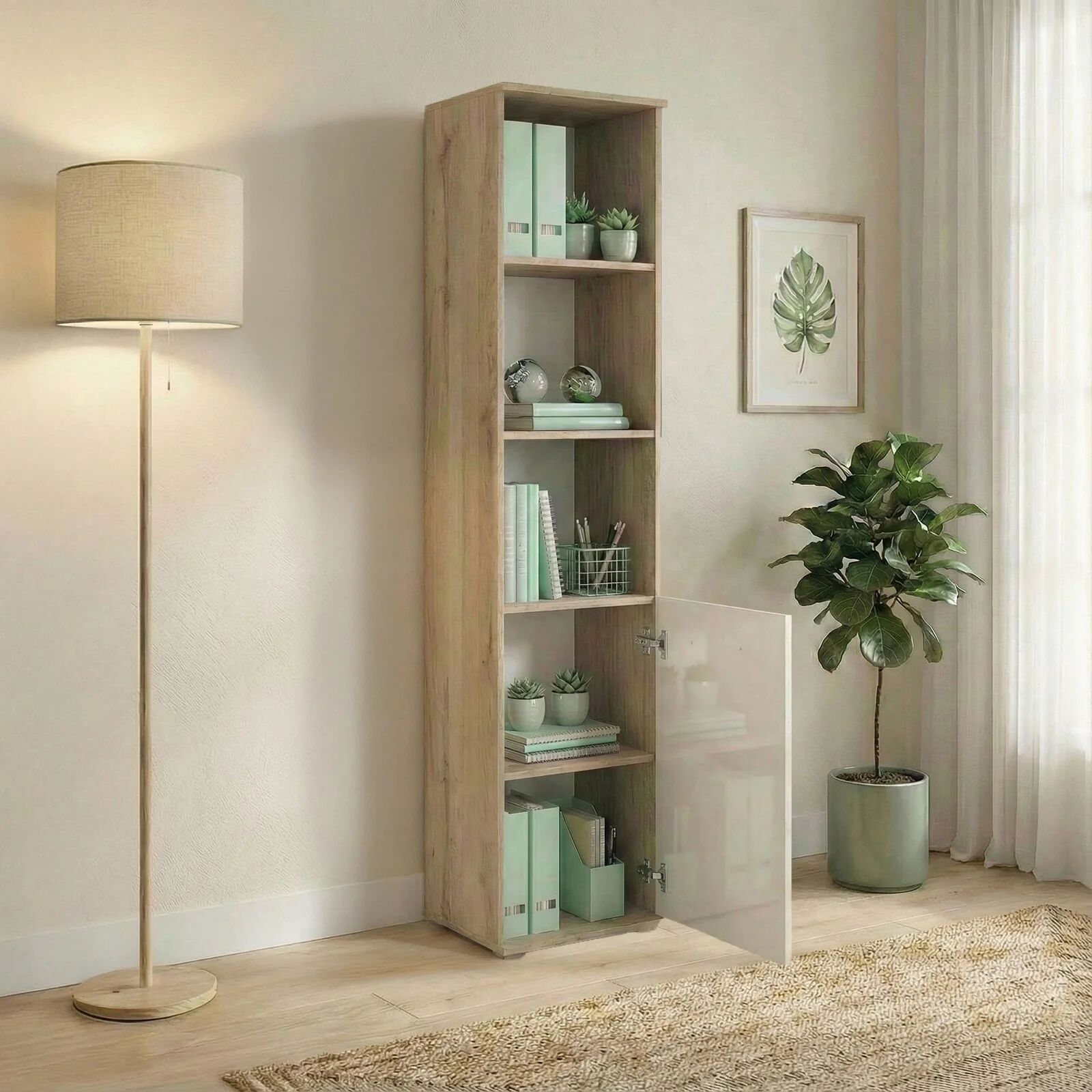 garneroarredamenti Colonna ufficio 40x176h cm libreria 1 anta e ripiani rovere bianco lucido Time D