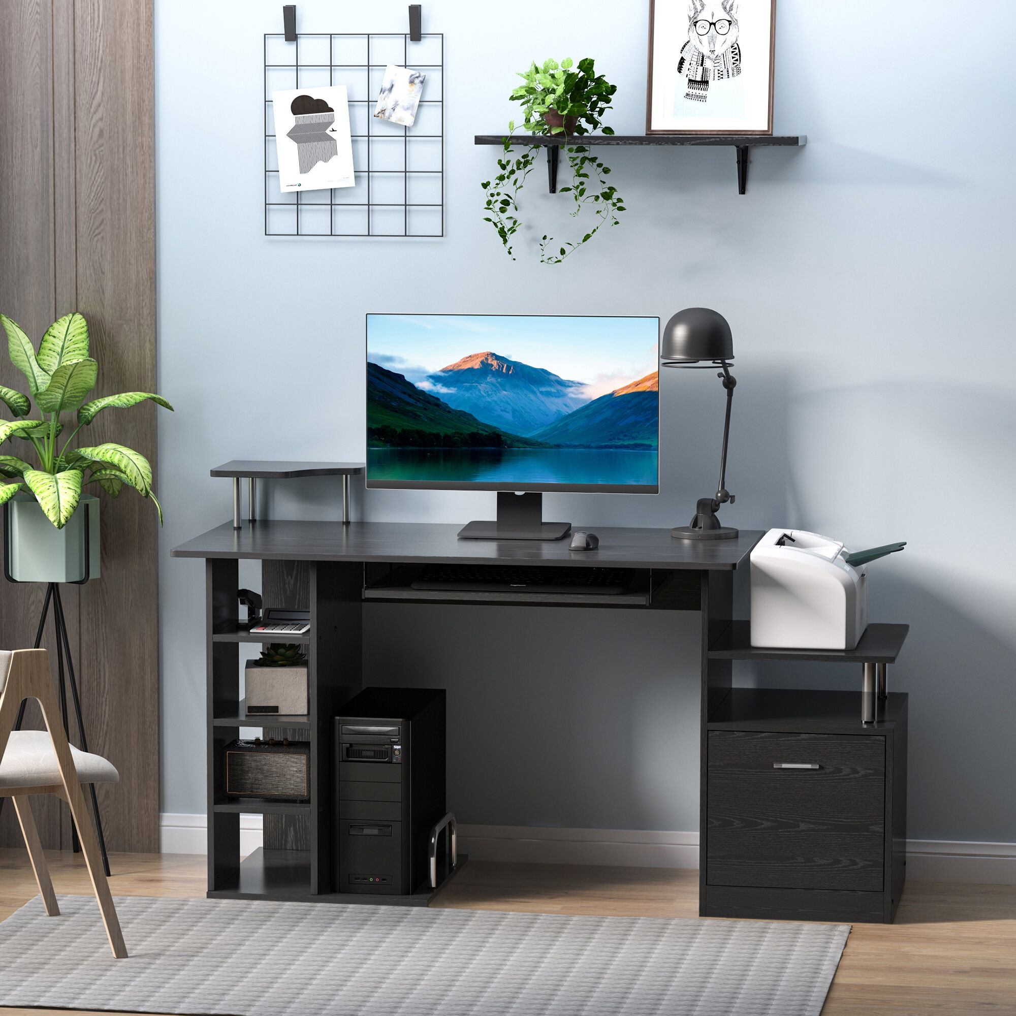 Altro Scrivania Per Computer Moderna Con Cassetti, Ripiani E Tastiera Estraibile, Scrivania Da Ufficio Per Casa In Legno Nero 152x60x88cm