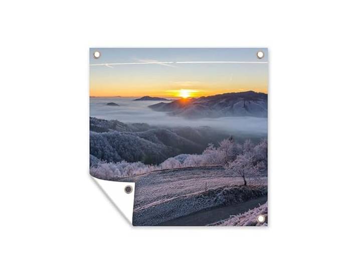 Tuinposter - 200x200 cm - Winter - Bergen - Zon - Avond